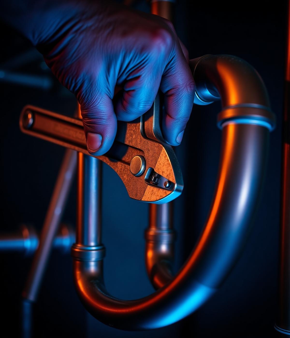 Plumber repairing copper pipes with a wrench